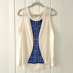 Umgee Boho Sleeveless Cream Top with Blue Knit Accents, Sz M (P2P 20”)